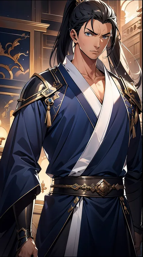 quadratic element，style of anime，mtu（Male Warrior），The proportions are correct，Face details，swordsmen，High ponytail hairstyle，Neck details，There is an Adams apple，Blue suit，kaftan，long blue robes，clothes details，Handing over，longer sleeves，Game quality，Swo...