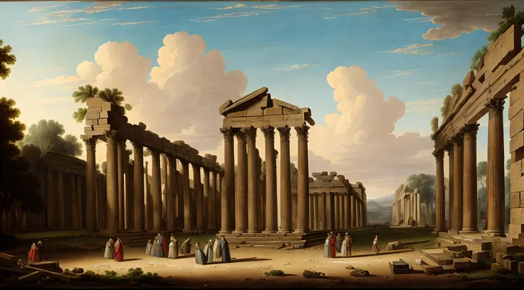 Vista ararfed de um templo romano noturno , escuro,8k,Estilo Hubert Robert, Directed by: Hubert Robert, Giovanni Paolo Panini Epic Style, Giovanni Paolo Panini placeholder image, inspirado em Giovanni Paolo Pannini, ruins landscape, neoclassical paintings,...