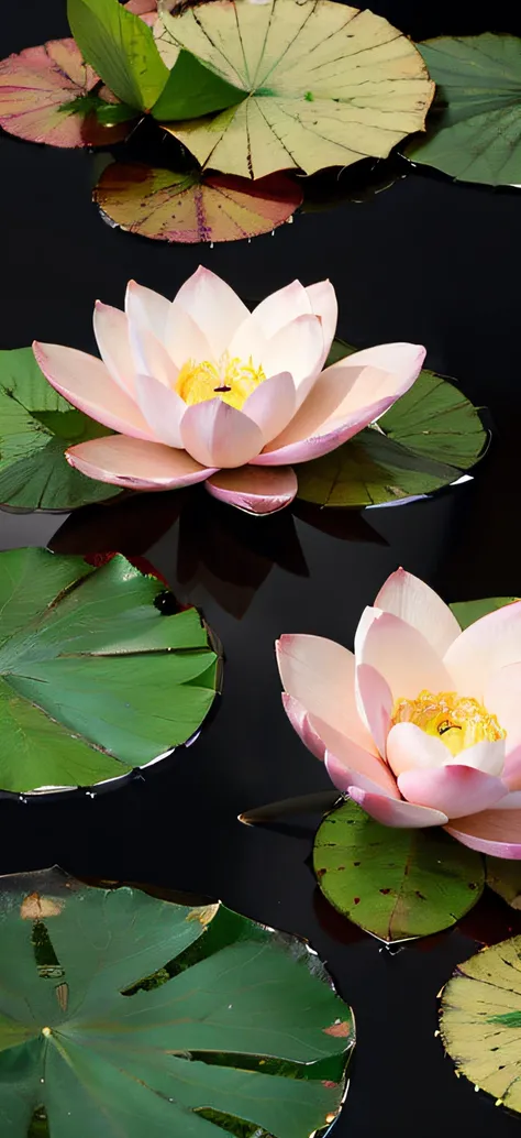 Lotus leaf ，many pink lotus，Realiy，Reflection in the water，