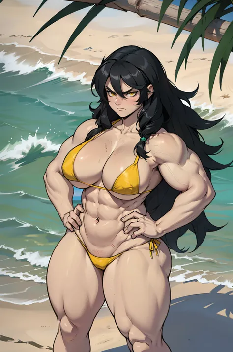 solo, (((1 girl))), very long hair, black hair, angry, yellow eyes, ((((muscular)))), ((huge tits)), ((thick thighs)), ((wide hips)), pale skin, micro bikini, beach, from above