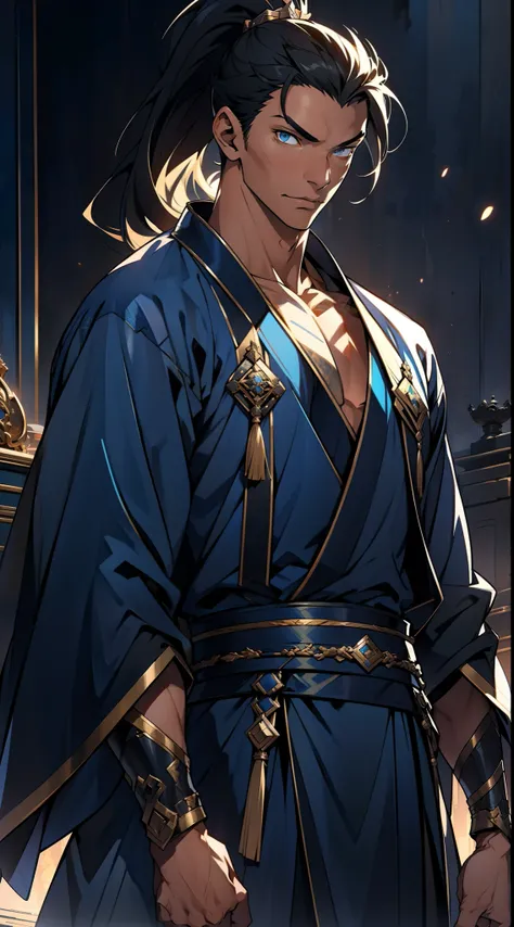 quadratic element，style of anime，mtu（Male Warrior），The proportions are correct，Face details，swordsmen，High ponytail hairstyle，Neck details，There is an Adams apple，Blue suit，kaftan，long blue robes，clothes details，Handing over，longer sleeves，Game quality，Swo...