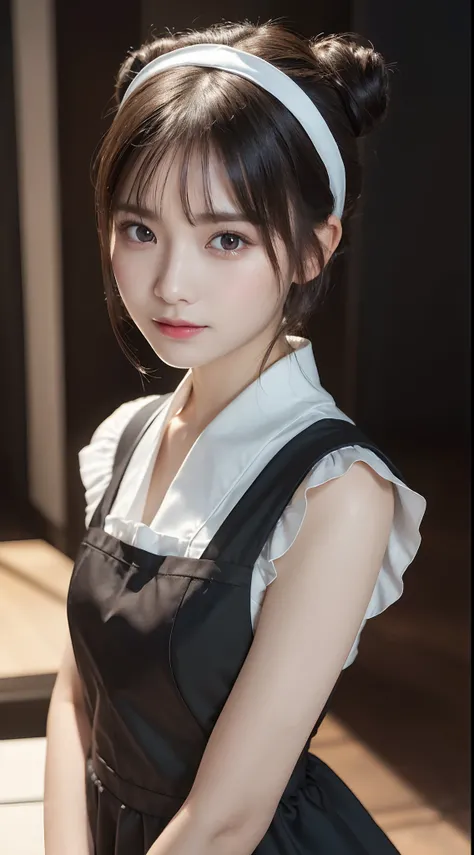 Innocent 20 year old girl、((Maids, A dark-haired, pinafore, Maid headdress, Single hair bun, Hair buns, maid apronl, Dramatic poses)),Smile,Modern room,short-cut、Raw photo, (8K、top-quality、​masterpiece:1.2)、(intricate detailes:1.4)、(Photorealsitic:1.4)、oct...