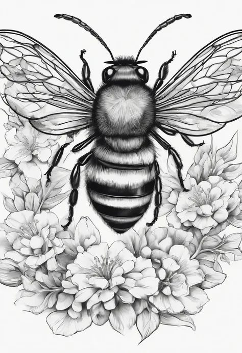 A bee，Hand drawn illustration，Sketch style，black and white colors，Ultra-clear details，超高分辨率，8K