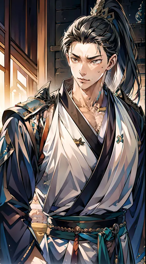 quadratic element，style of anime，mtu（Male Warrior），The proportions are correct，Face details，swordsmen，High ponytail hairstyle，Neck details，There is an Adams apple，Black Hanfu，kaftan，Embroidered robes，Black robe，clothes details，Handing over，longer sleeves，G...