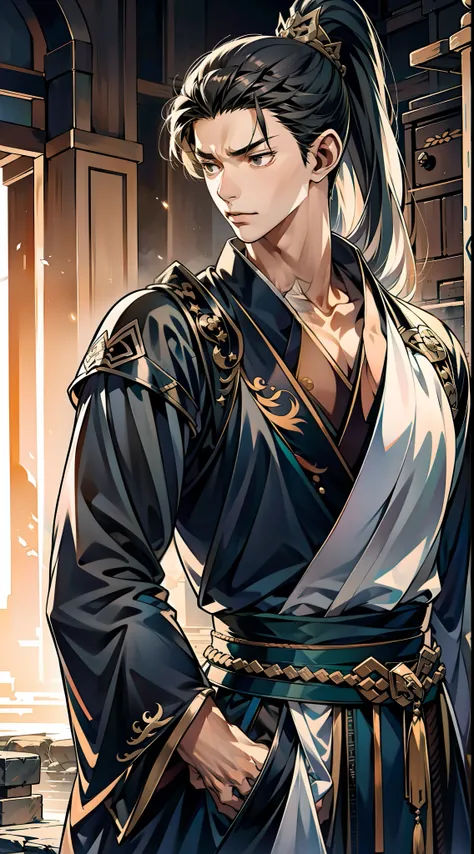 quadratic element，style of anime，mtu（Male Warrior），The proportions are correct，Face details，swordsmen，High ponytail hairstyle，Neck details，There is an Adams apple，Black Hanfu，kaftan，Embroidered robes，Black robe，clothes details，Handing over，longer sleeves，G...