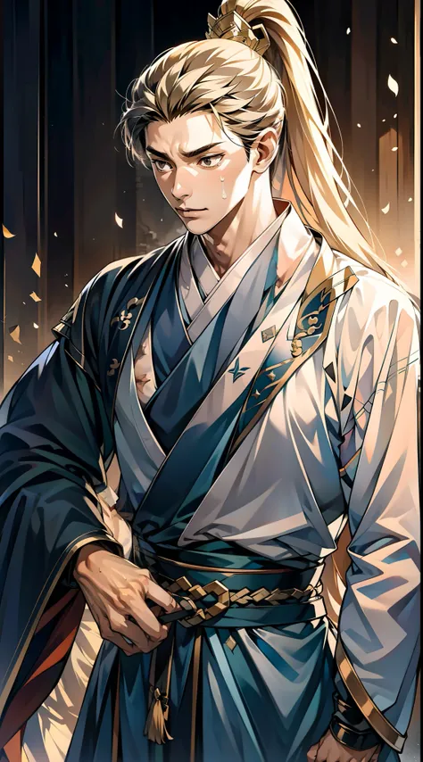 quadratic element，style of anime，mtu（Male Warrior），The proportions are correct，Face details，swordsmen，High ponytail hairstyle，Neck details，There is an Adams apple，Black Hanfu，kaftan，Embroidered robes，Black robe，clothes details，Handing over，longer sleeves，G...