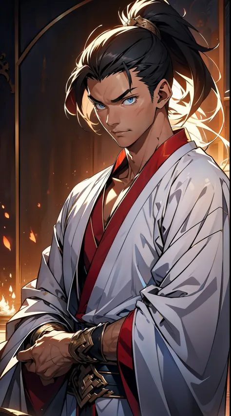 quadratic element，style of anime，mtu（Male Warrior），The proportions are correct，Face details，swordsmen，High ponytail hairstyle，Neck details，There is an Adams apple，White robe，kaftan，long white robe，clothes details，Handing over，longer sleeves，Game quality，Sw...