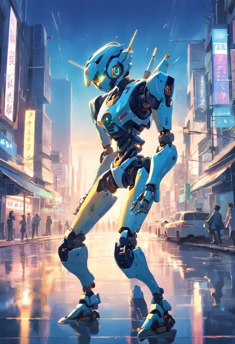 ((robot girl, Mecha)), Leuchtende Augen, Zartes Gesicht, Broken armor, Mechanische Aura, Mechanischer Arm, graue Haare, Lange Haare, Ceramic body, thigh gap, kleine Brust, Cyber-Hintergrund, Very nice city, (Durchscheinend, Reflektierende Haut), 8K, best q...