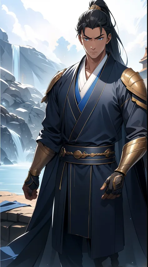 quadratic element，style of anime，mtu（Male Warrior），The proportions are correct，Face details，swordsmen，High ponytail hairstyle，Neck details，There is an Adams apple，Blue suit，kaftan，long blue robes，clothes details，Handing over，longer sleeves，Game quality，Swo...