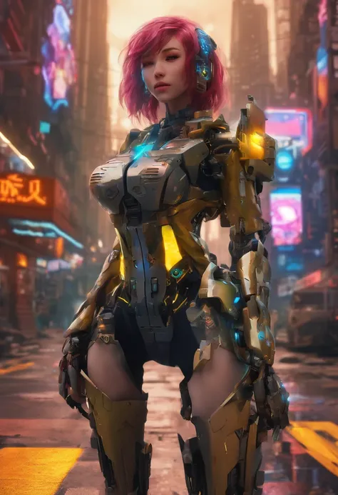 ((robot girl, Mecha)), Leuchtende Augen, Zartes Gesicht, Broken armor, Mechanische Aura, Mechanischer Arm, graue Haare, Lange Haare, Ceramic body, thigh gap, kleine Brust, Cyber-Hintergrund, Very nice city, (Durchscheinend, Reflektierende Haut), 8K, best q...