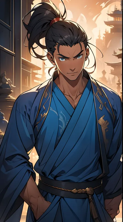 quadratic element，style of anime，mtu（Male Warrior），The proportions are correct，Face details，swordsmen，High ponytail hairstyle，Neck details，There is an Adams apple，Blue suit，kaftan，long blue robes，clothes details，Handing over，longer sleeves，Game quality，Swo...