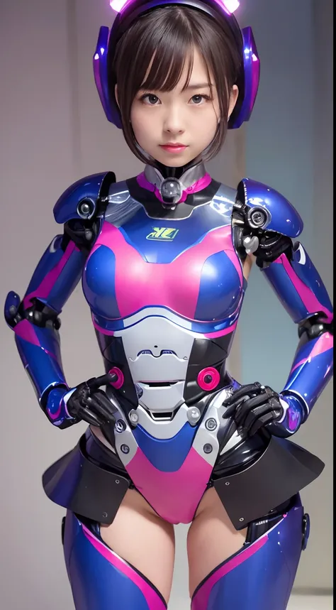 (Photorealsitic:1.4)、One-woman、(top-quality)、(hyperdetailed face)、(Super well-formed face)、((Robot Parts))、(Female-Robot)、(26 years-old)、(Blue)、(pink there)、(Burgundy)、(metallic)、(Full-body)、(sexy pose)、(Slender body)、(Model body type)、(full body mech)、(Ak...