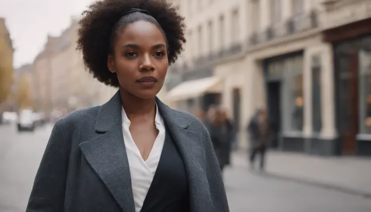 cinematography,a black woman walking down the street in front of the viewer wearing fancy clothes,photorealistic art,documentary,DSLR,high resolution,wide angle lens,lighting,natural light,8k,HDR.