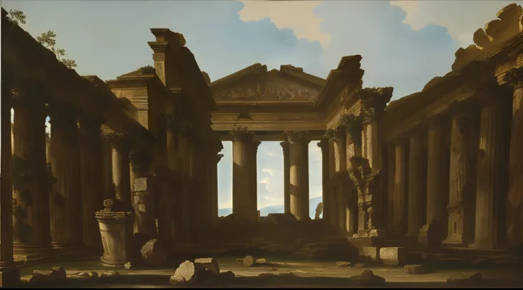 a painting of a building with a lot of columns, Giovanni Paolo Panini Epic Style, ruins landscape, Giovanni Paolo Panini placeholder image, Directed by: Adriaen Hanneman, greek-esque columns and ruins, Directed by: Serafino De Tivoli, inspirado em Domenico...