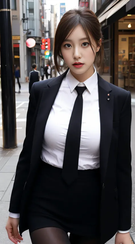 Tall and slender beauty、Beauty in suits、Colossal tits、undershirt、Cool beauty、Career woman、Japan beauties、Black tights，modeled、tiese，streets background，