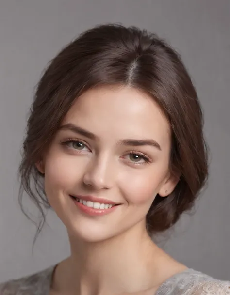 (photo: 1.3) af (realistic: 1.3), Caucasian woman, soft light, clear face, happy, cheerful, smiling, warm light, ((gray-white gradient background)), (background)). ((gray wall background)) avatar, (long or short hair), smile, handsome, young,, short hair, ...