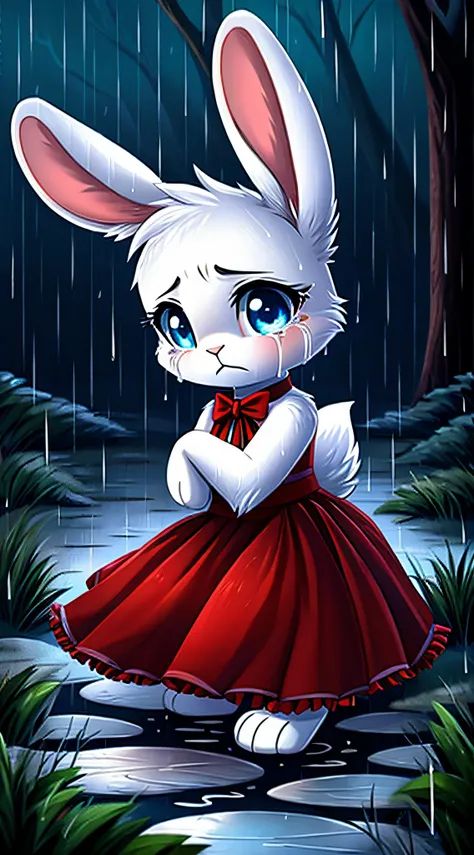 zoomed out image, fantasy style art, cute, adorable, short character, small, tiny little fluffy female white bunny with blue eyes, 4 ears, 2 extra ears, big floppy ears, long ears, ears perked up, raised ears, long eyelashes, poofy rabbit tail, wearing a r...