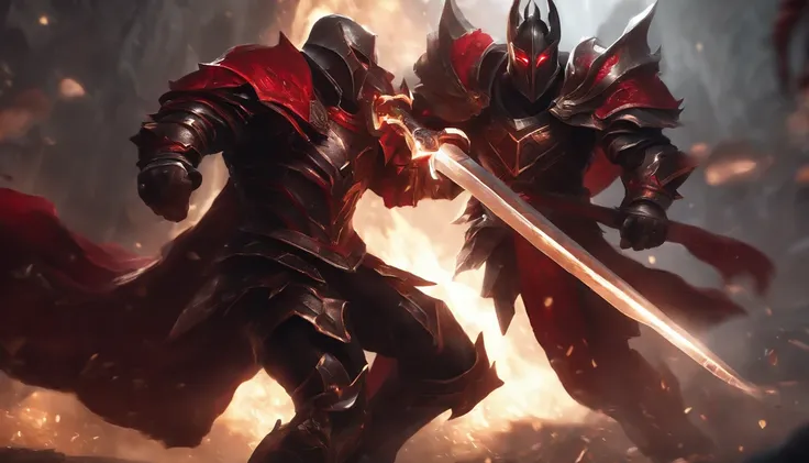 demonic knight with red and black armor holding a sword, official splash art, splash art, league of legends splash art, 8k hd wallpaperjpeg artifact, 8 k hd wallpaperjpeg artifact, iconic character splash art, riot games concept art, league of legends art,...