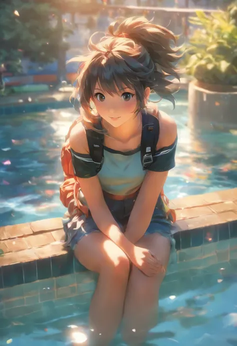 Anime girl sitting on bench in pool，Carrying a rucksack, a photorealistic painting by Shitao, Pisif, Realism, Anime style mixed with Fujifilm, next to a pool, Guviz-style artwork, Kantai collection style, Makoto Shinkai and Artgerm, style of anime4 K, Sitt...