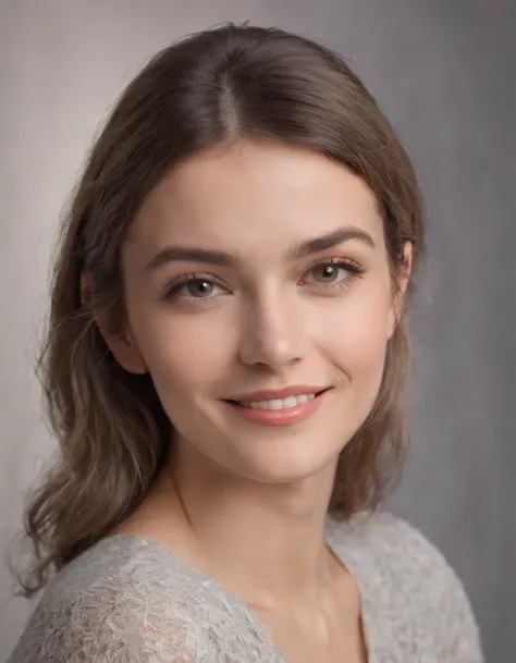 (photo: 1.3) af (realistic: 1.3), Caucasian woman, soft light, clear face, happy, cheerful, smiling, warm light, ((gray-white gradient background)), (background)). ((gray wall background)) avatar, (long or short hair), smile, handsome, young,, short hair, ...