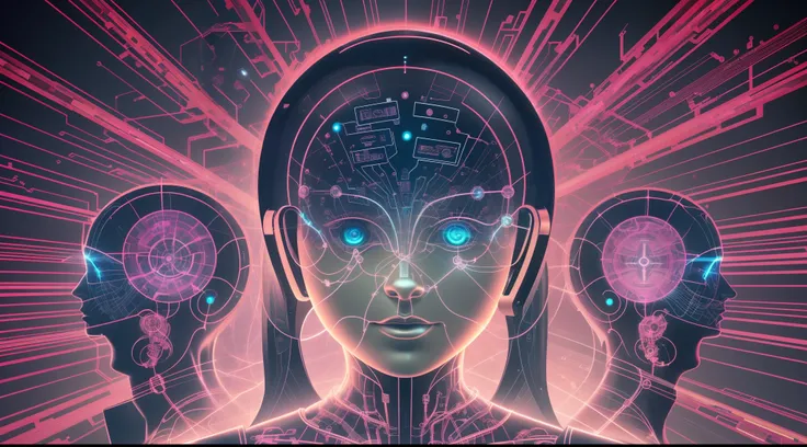 "Imagine an image that represents the perfect fusion between a human being and artificial intelligence. In this image, you see yourself as a hybrid entity, where parts of your body are replaced by advanced technological elements. Her skin has a metallic hu...