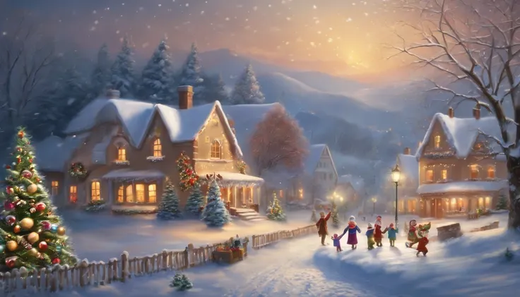 (best quality,4k,8k,highres,masterpiece:1.2),ultra-detailed,(realistic,photorealistic,photo-realistic:1.37),bright and joyful scene,peaceful ambiance,happy children playing,sparkling snowflakes,decorated Christmas tree,presents and gifts,cozy fireplace,war...