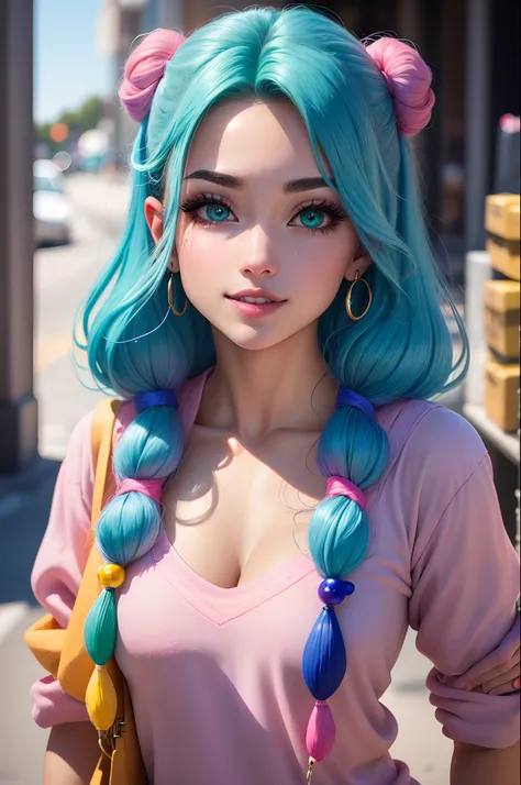 super bonito IP menina por pop mart, olhos brilhantes, querubim,Vestidinho branco, argila, Modelos, um brinquedo de caixa cega, Brilhante e delicado,fundo limpo, Bom brilho, 3D rendering of,best quality, cabelo rosa e azul pastel