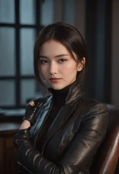 Im wearing black leather gloves up to my fingertips in both hands and covering my upper body. Black leather double rider jacket. Slender necklace. A young and cute Japanese girl with beautiful black hair. Sitting on a black leather chair at the desk in the...