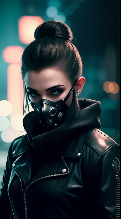 Close-up, uma bela moda elegante americana de cabelos pretos, mask, roupa esfarrapada, cabelo longo selvagem, roupa punk, roupa rosa, batom, action movie scene, Dystopian Dinner Cinematic Blade Runner, noite, movimentado com sinais de neon, blade runner ae...