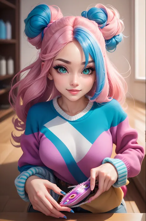 super bonito IP menina por pop mart, olhos brilhantes, querubim,Vestidinho branco, argila, Modelos, um brinquedo de caixa cega, Brilhante e delicado,fundo limpo, Bom brilho, 3D rendering of,best quality, cabelo rosa e azul pastel