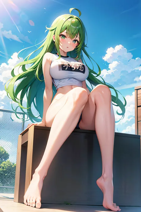 (masterpiece), best quality, expressive eyes, perfect face, anime girl with green shiny hair and gym uniform, seductive anime girl, medium_oppai, beautiful alluring anime woman, hajime yatate, female anime character, official anime still, beautiful allurin...