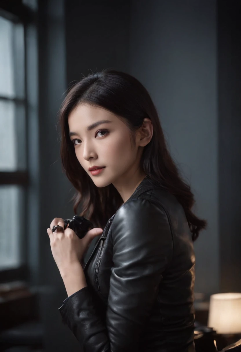 Both hands are covered with black leather gloves up to the fingertips, upper body, black leather double rider jacket, slender necklace, young and cute Japanese girl with beautiful black hair, sitting on a black leather chair facing the desk in the presiden...