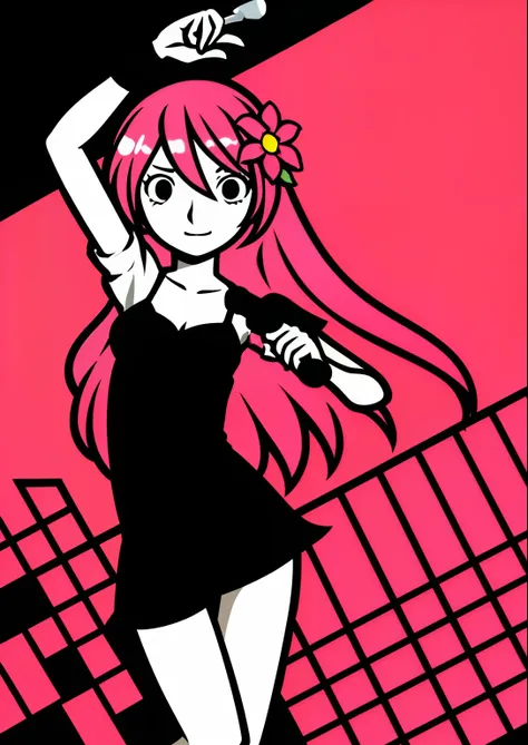 megurine luka, rhythm_heaven, 1girl in, pink hair, long hair, holding microphone, dancing, hair flower, short sleeves,