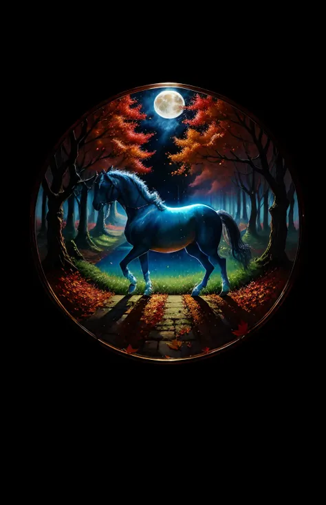 Top image quality、A touch of oil painting、Realistic irregularities、A blue horse that emits an iridescent neon-like aura、Autumn twilight、Blue Moon、Beautiful autumn leaves、