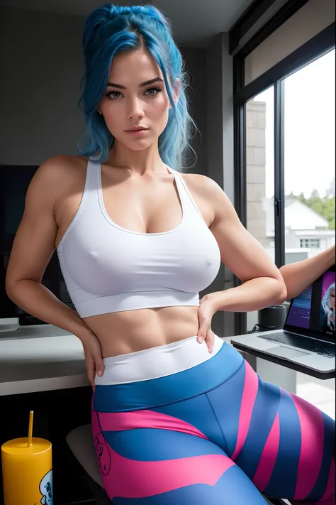 ((Masterpiece)), ((highest resolution)), a beautiful 30 year old female gamer (Julia Burch:Alyssa Sutherland:0.9), (((detailed skin texture))), ((natural skin)), (high detail face), (blue hair), (pale skin), curvy body, (high detail low cut white tank top ...