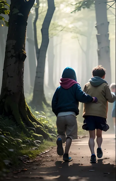 Three children playing near a forest, Face covered by a mist, blurry face. Three faceless children, three children, Three children running after each other. Children playing on a wheel, Three children playing, imagem sem cor