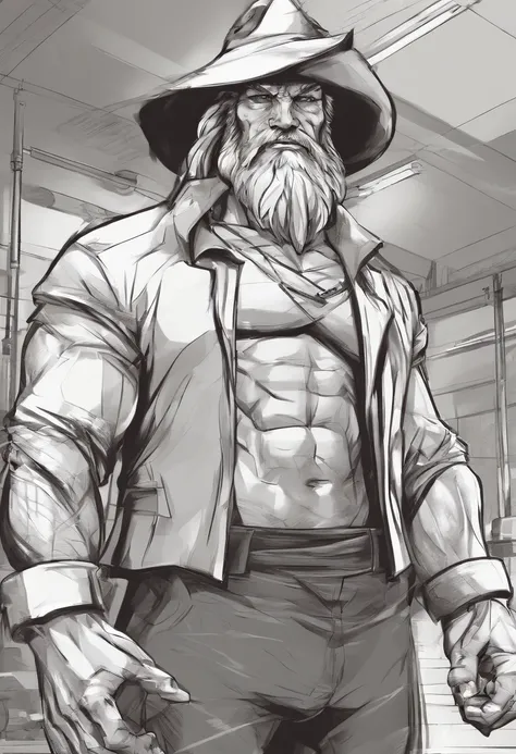 uma detalhada, Hyper-realistic illustration of John Knox with his traditional hat and working out bodybuilding gym, serious expression on his face in a dynamic pose, Corpot inteiro, Estilo Cartoon, Rede de desenhos animados, bodybuilding gym scenario, Dram...