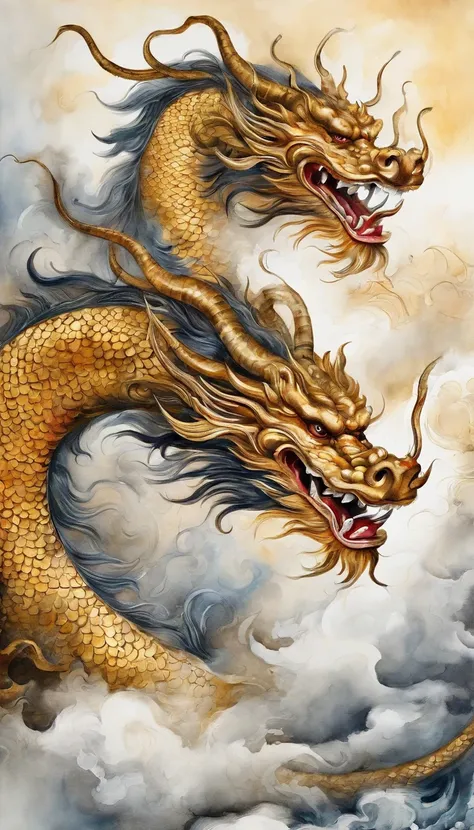 detail Chinese dragon painting，a gold dragon horvering in the clouds, ink and watercolor painting，water ink，ink，Smudge，Faraway view，Ultra-wide viewing angle，Meticulous，water ink，Smudge，Meticulous，Smudge，low-saturation，Low contrast，Beautifully depicted，A de...