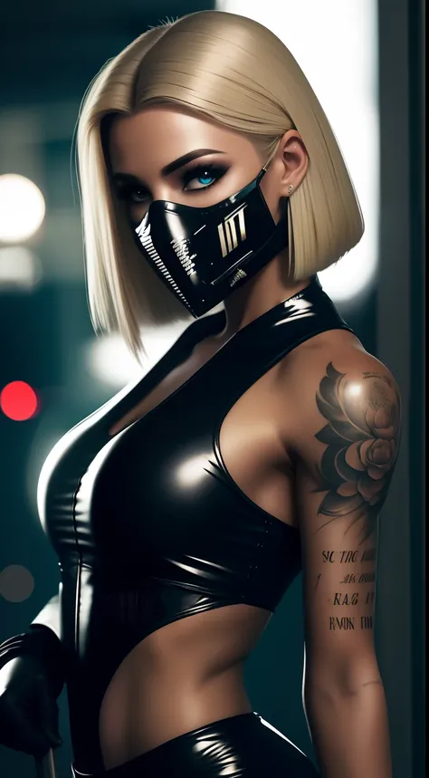 Close-up, uma bela moda elegante francesa, blonde, WMASK, roupa esfarrapada, cabelo longo selvagem, roupa latex, clivagem, action movie scene, Jantar Distópico Cinematic Blade Runner, noite, movimentado com sinais de neon, blade runner aesthetics, lotado d...