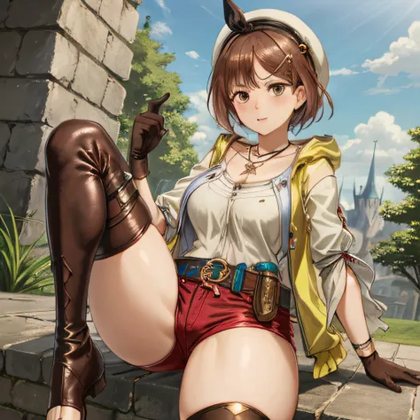 liza, 1girl in, solo, shorts, gloves, belt bag, hat, head ribbon, jewelry, red shorts, brown hair, thighs thighs thighs thighs, ...