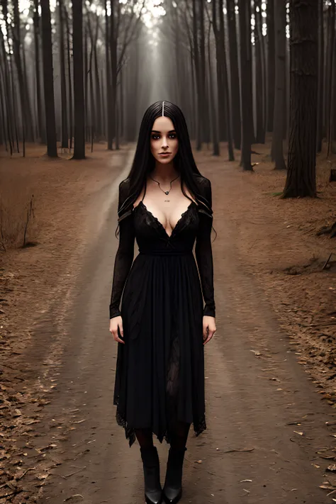 a beautiful woman in a dark forest, shes a witch, 25 years old, skinny but attractive, half naked, a luring gaze, dark, she is creepy, she is scary, full body, evil eyes, eyes glowing, she is up to no good, (she is wearing a very dirty old torn_red_dress),...