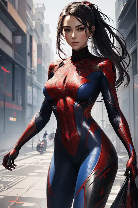 a masterpiece, sticker of a insanely beautiful spidergirl wearing red an blue costume, coy and alluring, full body, uthereal background, freedom, soul, hyperrealistic, uthereal face, cyberpunk, perfect anatomy, centered, approaching perfection, dynamic, hi...