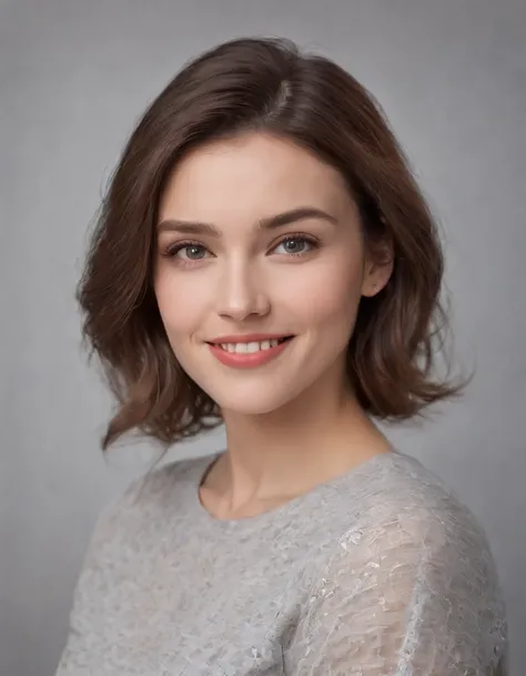 (photo: 1.3) af (realistic: 1.3), Caucasian woman, soft light, clear face, happy, cheerful, smiling, warm light, shirt, ((gray-white gradient background)), (background)). ((grey wall background)) avatar, (long or short hair), smile, handsome, young,, short...