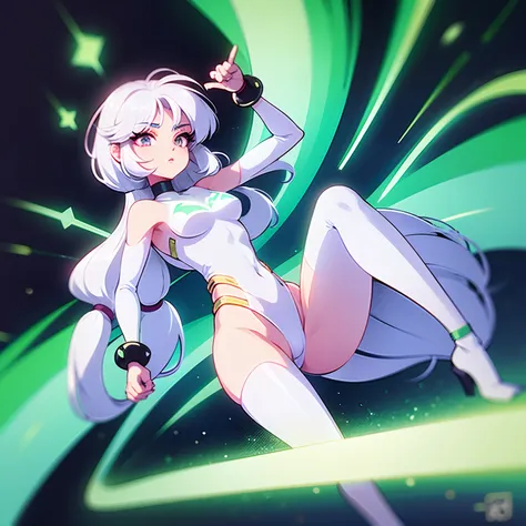 Una mujer feroz, with technological clothes and white hair. It has an alien ring and there is green illuminance behind it.