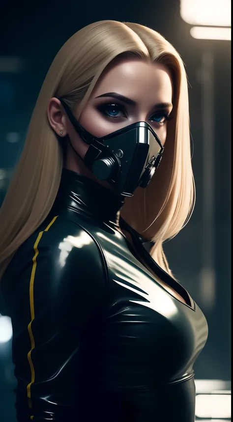 Close-up, uma bela moda elegante francesa, blonde, WMASK, roupa esfarrapada, cabelo longo selvagem, roupa latex, clivagem, action movie scene, Jantar Distópico Cinematic Blade Runner, noite, movimentado com sinais de neon, blade runner aesthetics, lotado d...