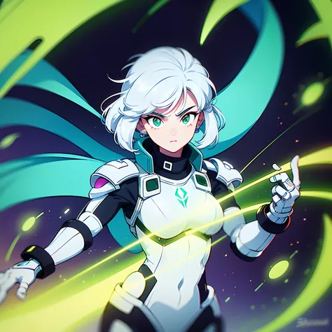 Una mujer feroz, with technological clothes and white hair. It has an alien ring and there is green illuminance behind it.