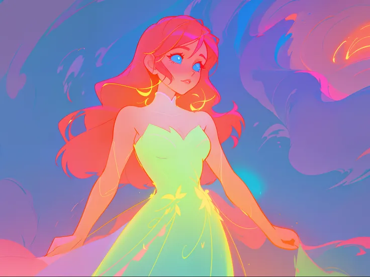 there is a girl in a dress that is standing in the snow, inspired by Glen Keane, inspired by Lois van Baarle, disney art style, by Lois van Baarle, glowing aura around her, by Glen Keane, jen bartel, glowing lights! digital painting, flowing glowing hair, ...