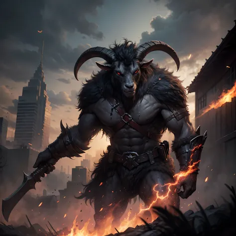 Goat-faced demon ，Wear military uniforms，Pick up the axe，red - eyed，unholy，Fierce，rampage ，Stand at the highest part of the city，Observe the city，Epic dark fantasy digital art，tmasterpiece，high qulity，8K，UHD resolution，Detailed detail drawing，realisticlyin...