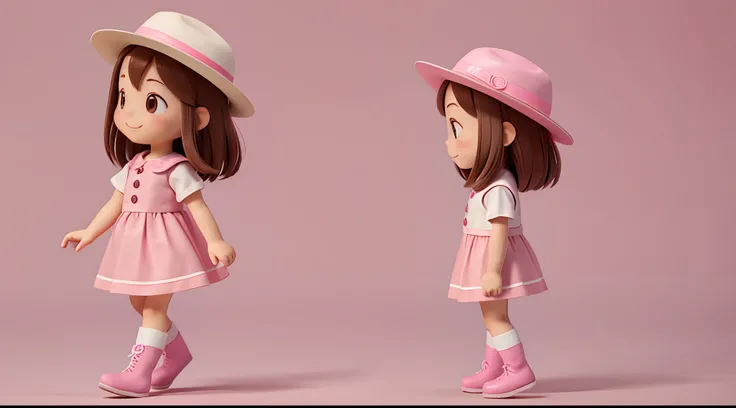 Profile picture of a little girl walking, character animation frames, identical character design in each frame, the girl is alone, happy, brown hair, brown eyes, rosy cheeks, pink cowboy outfit, pink hat, pink boots, vertical image, white background.