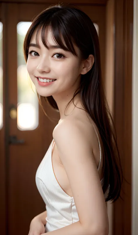 a closeup, ​masterpiece, top-quality, Raw foto, Photorealsitic、Aori Shot、unbelievable Ridiculous, beautiful a girl, High brand ultra-luxury dress with open chest、Glossy fabric、Half-up hairstyle、small brest、Smiling smile、The look of joy when reunited with a...